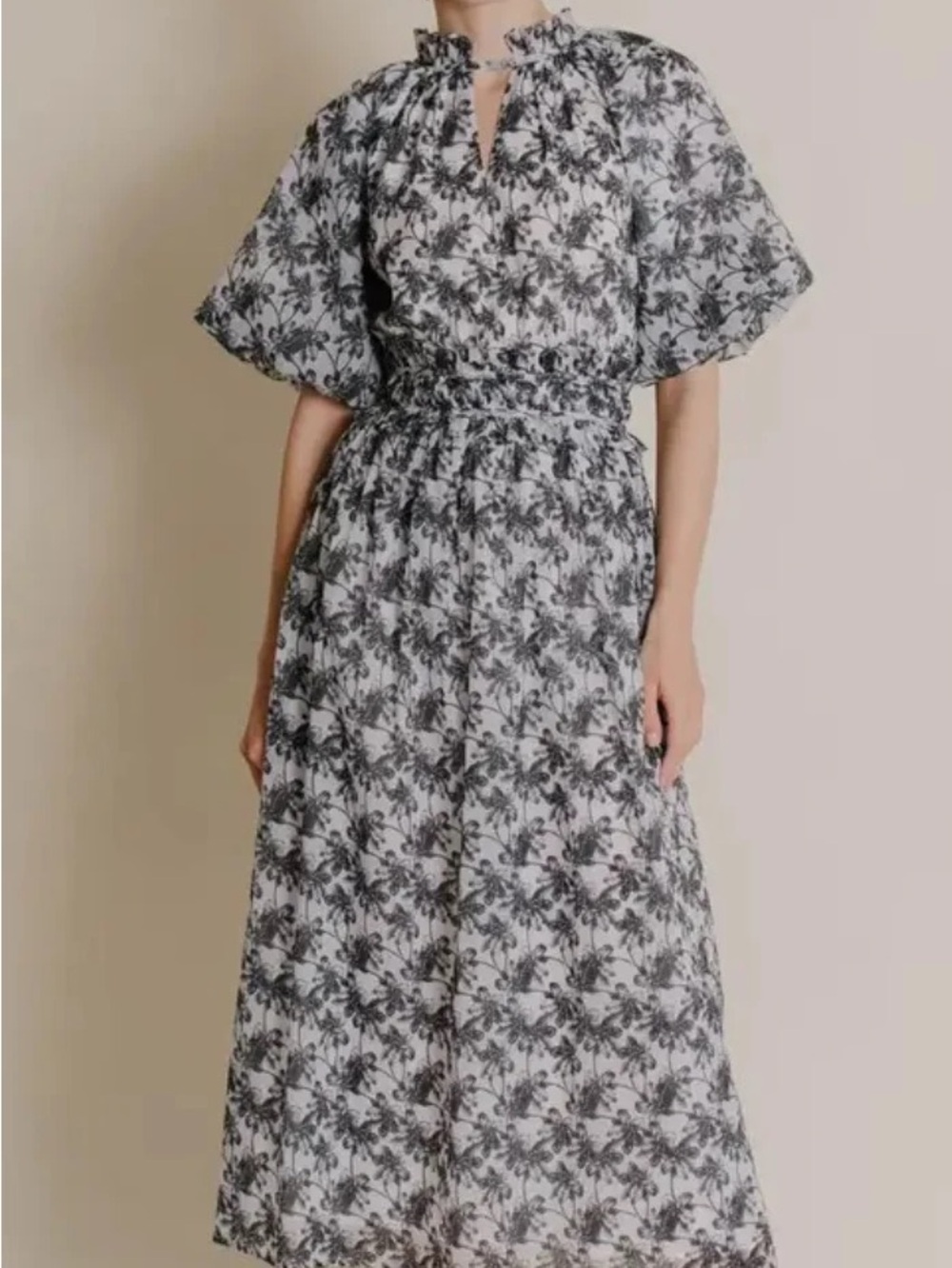 NWT AUREUM Black & White Floral Puff-Sleeve Midi Dress